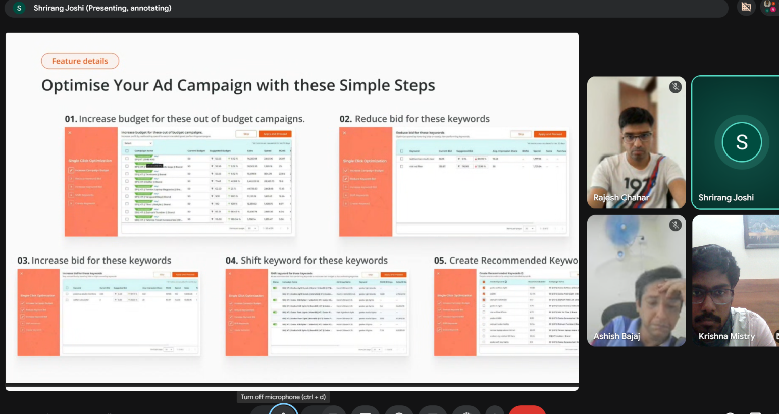 Video call with a vendor walking through ad campaign optimisation steps